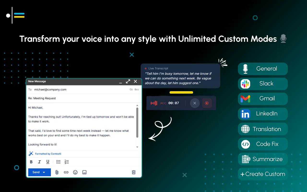 Contextli voice to text software interface showing custom modes for email, coding, and translation.