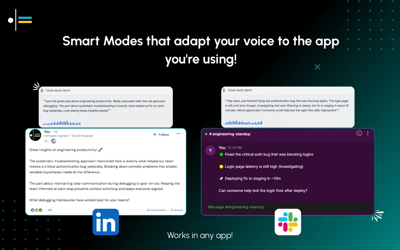 Contextli voice to text software adapting smart tones for LinkedIn posts and Slack messages.