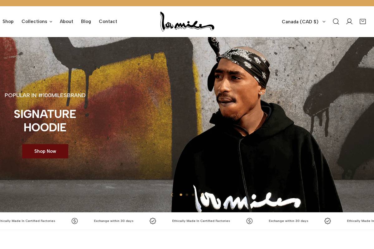 100milesbrand.com homepage screenshot