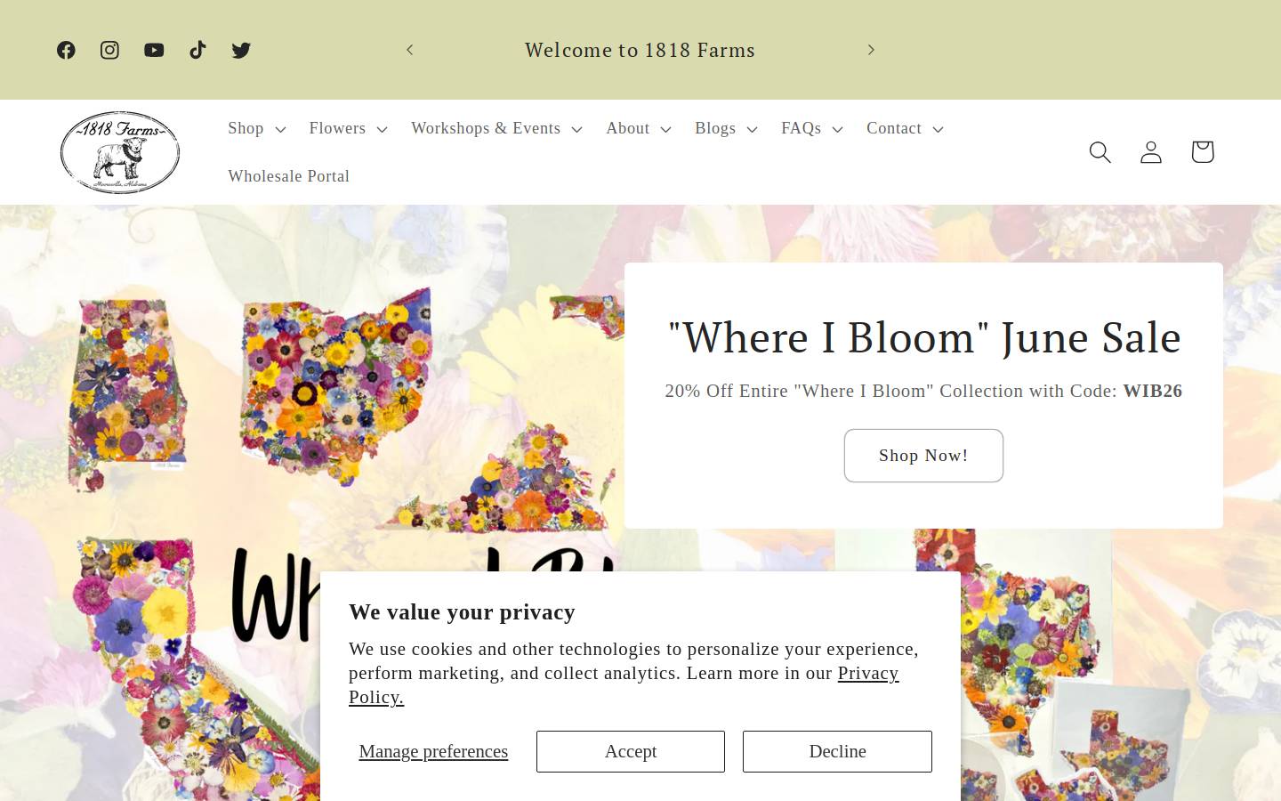 1818farms.com homepage screenshot