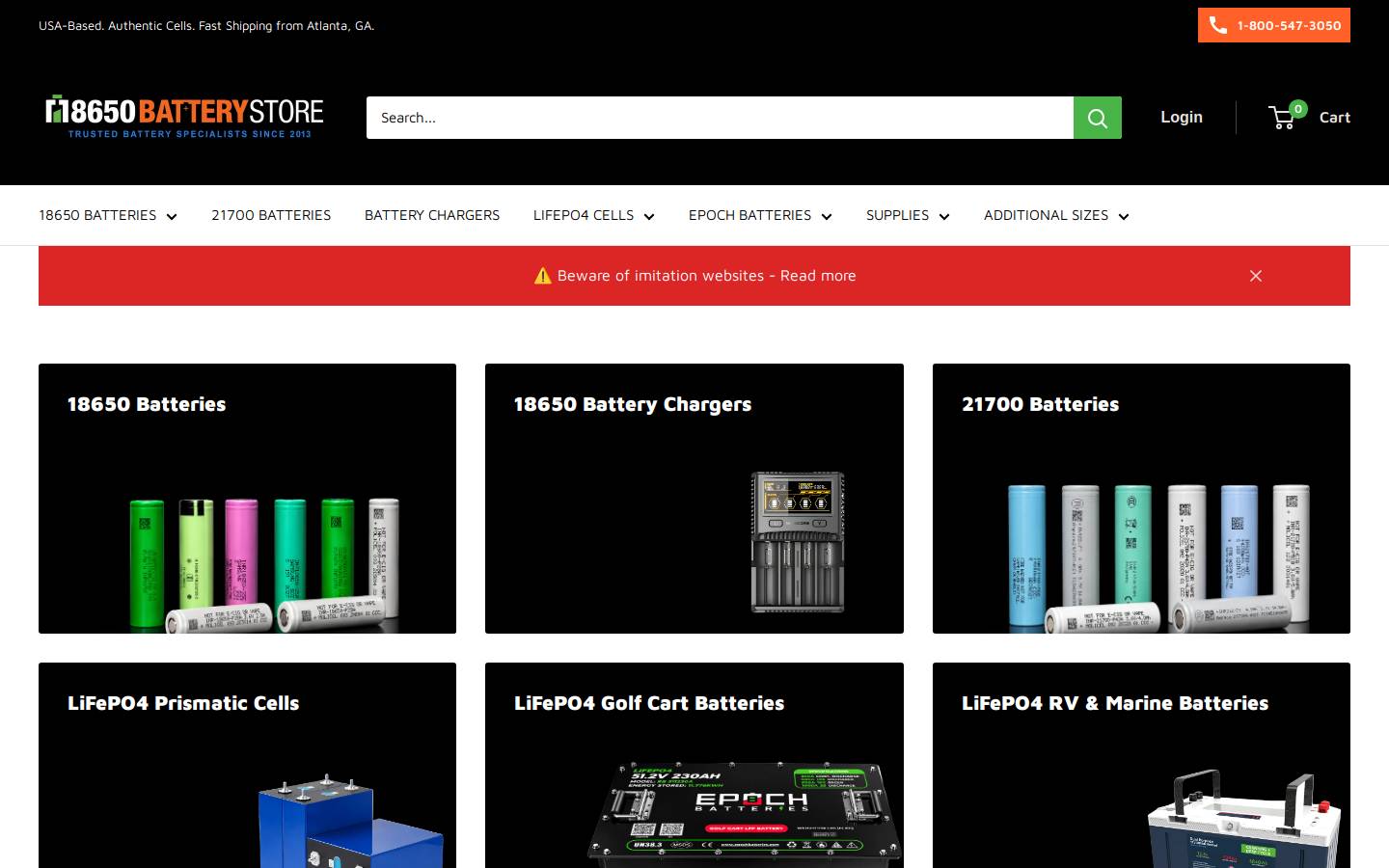 18650 Battery Store homepage screenshot