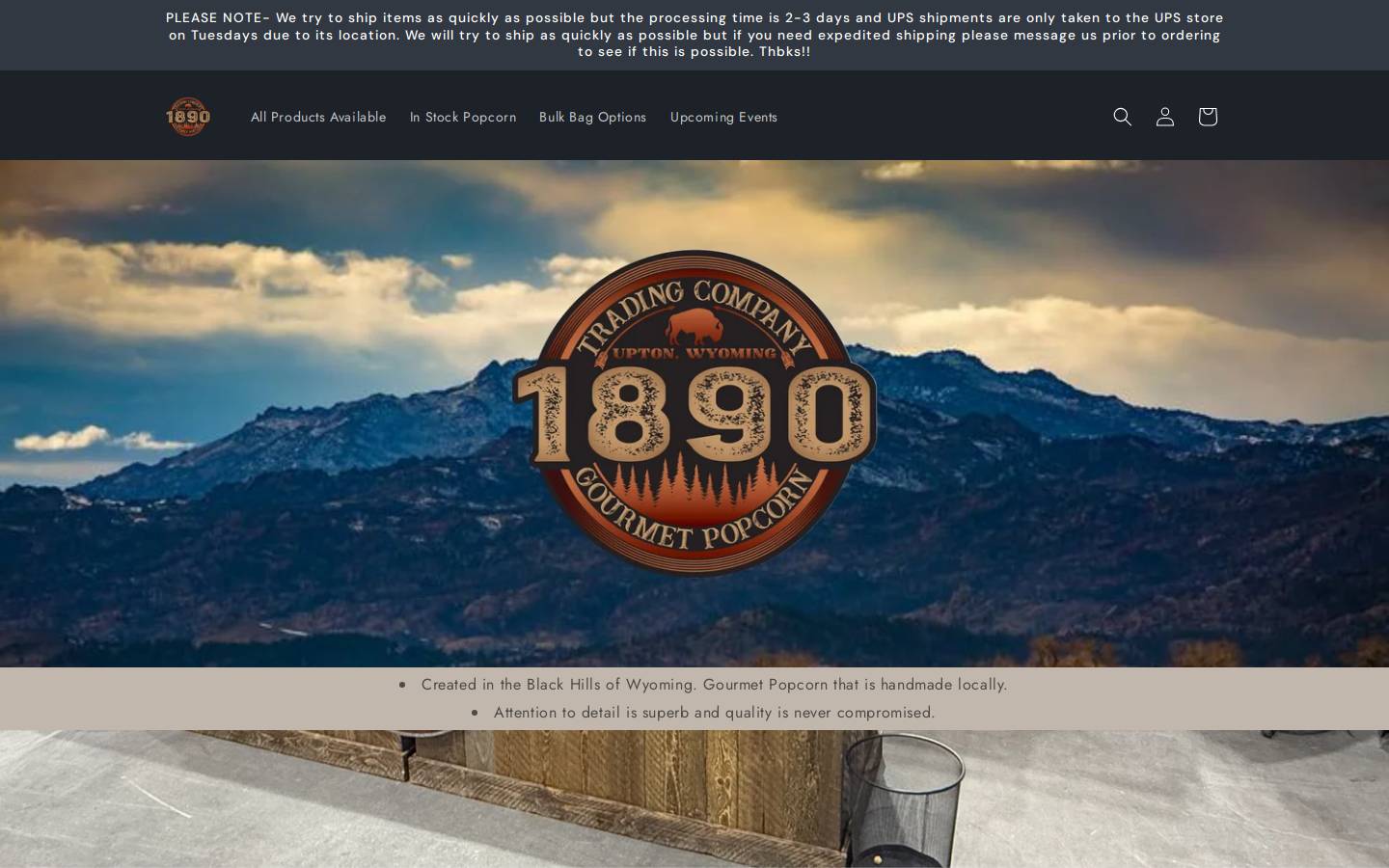 1890popcorn.com homepage screenshot