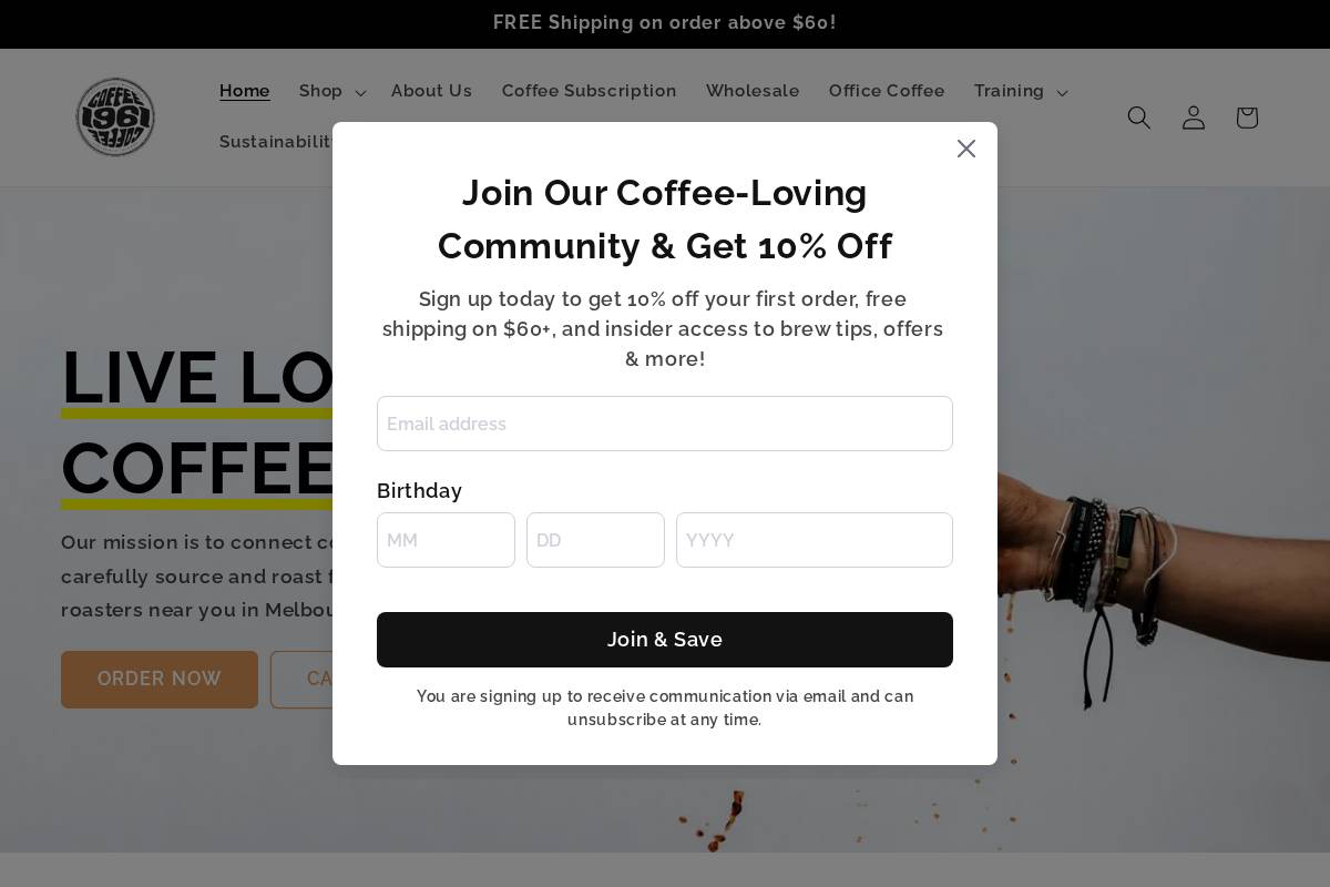 1961coffee.com.au homepage screenshot