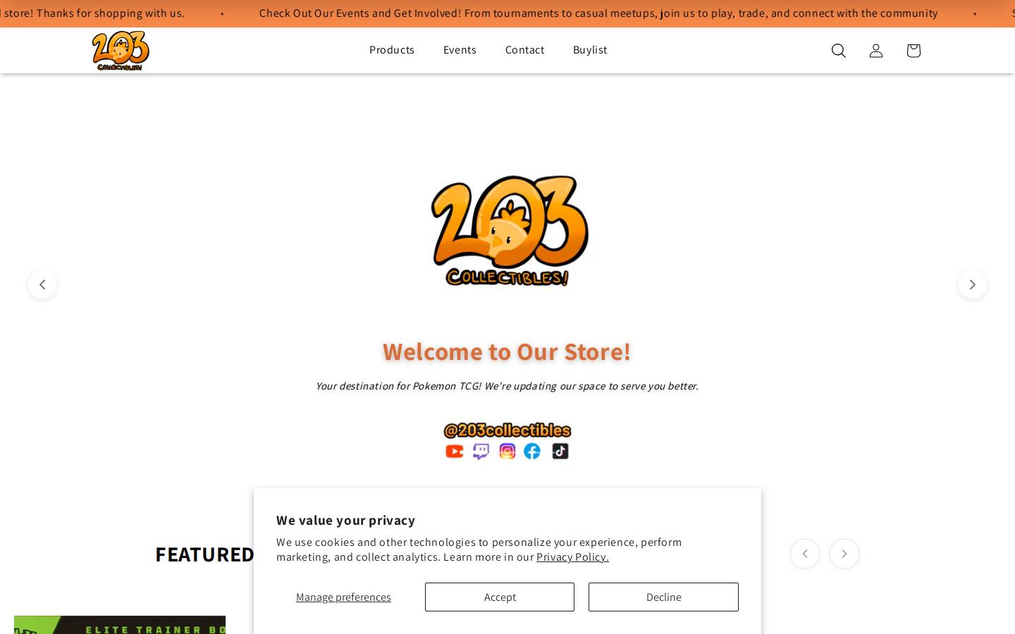 203collectibles.com homepage screenshot