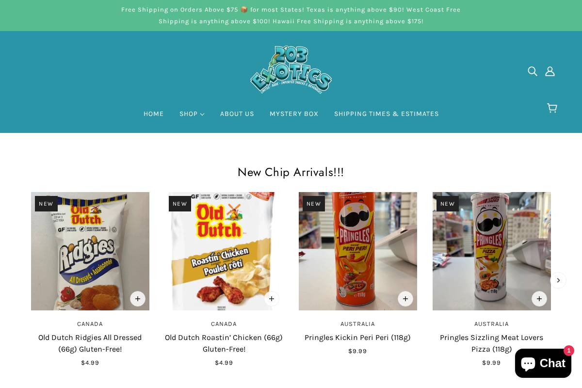 203exoticsnacks.com homepage screenshot