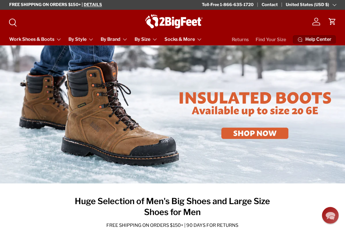 2BigFeet.com homepage screenshot