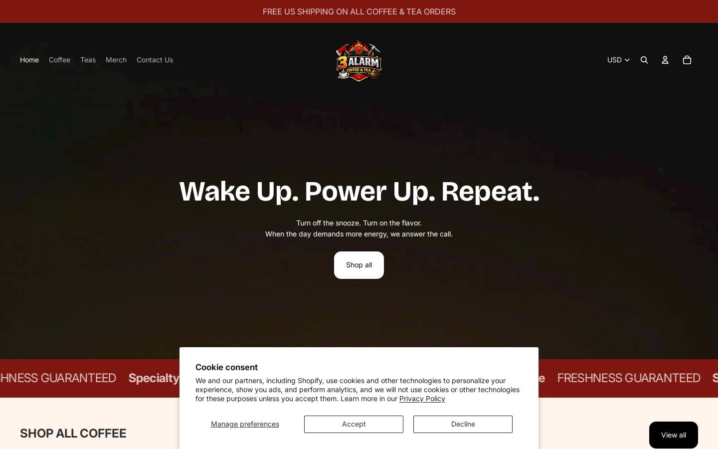 3alarmcoffeeandtea.com homepage screenshot