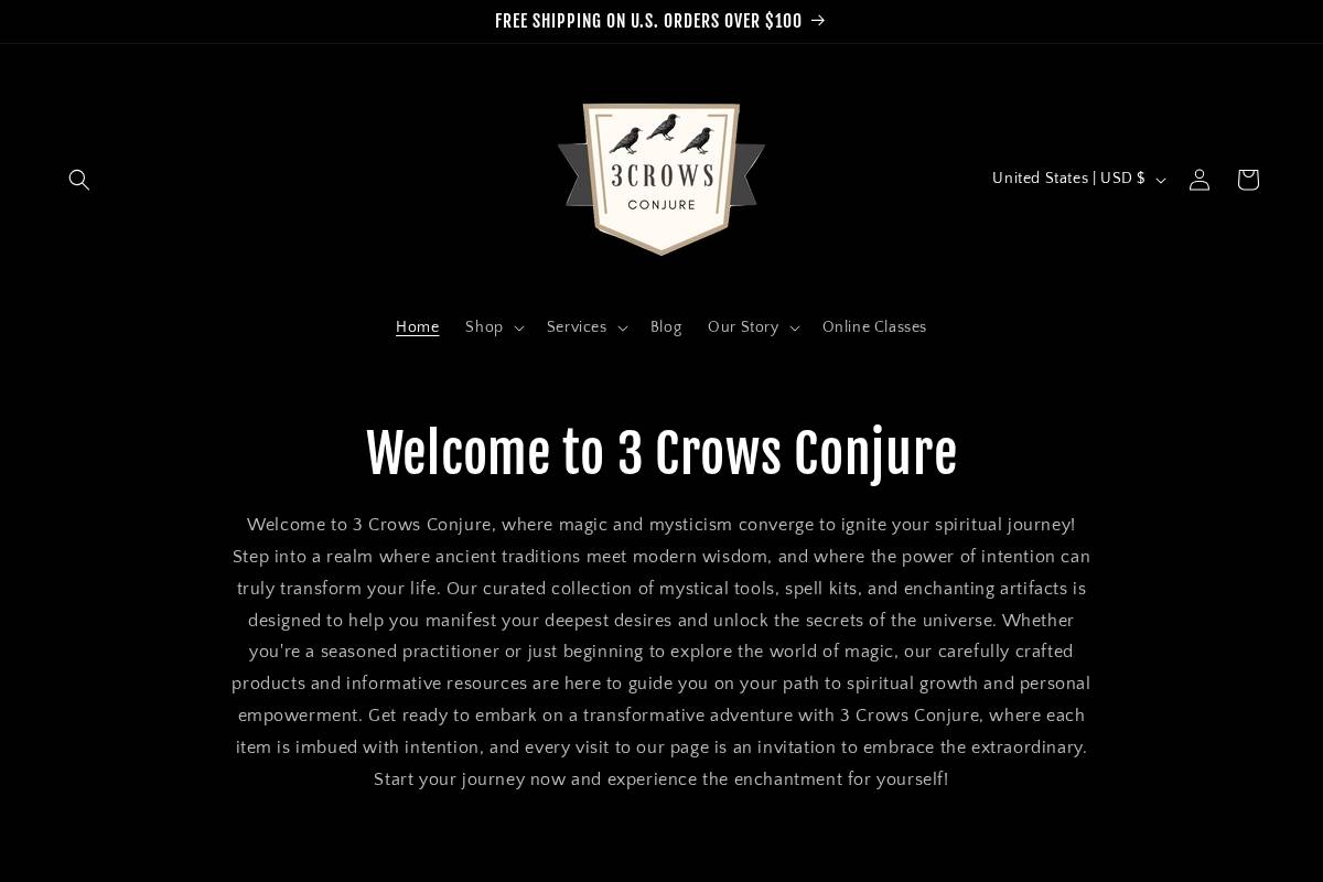 3crowsconjure.com homepage screenshot