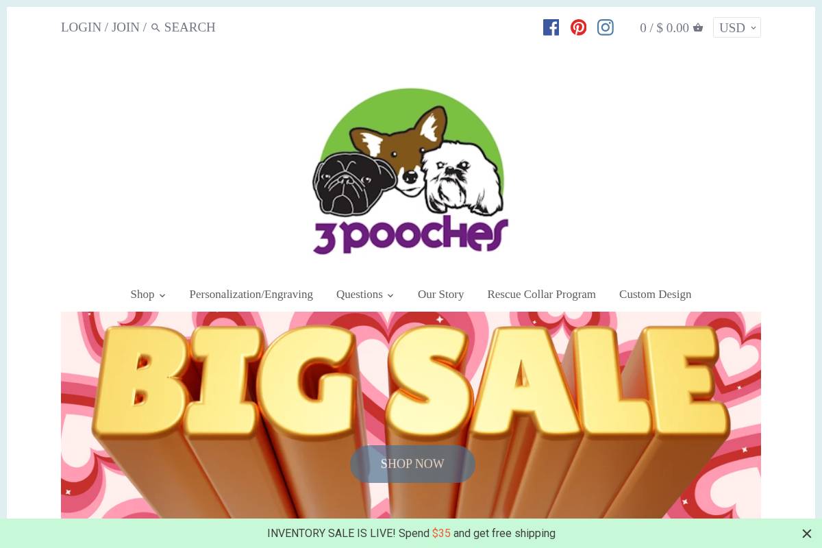 3poochescollars.com homepage screenshot