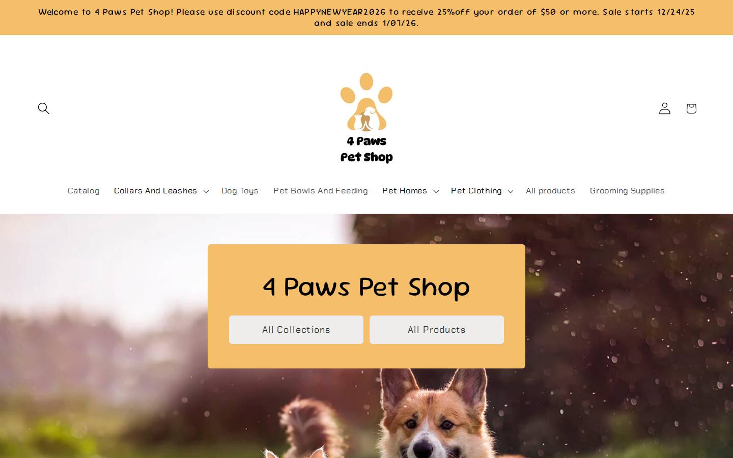 4pawspetshop.com homepage screenshot