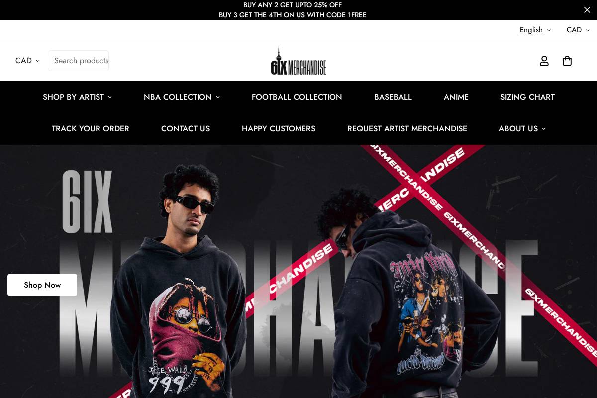 6ix Merchandise homepage screenshot