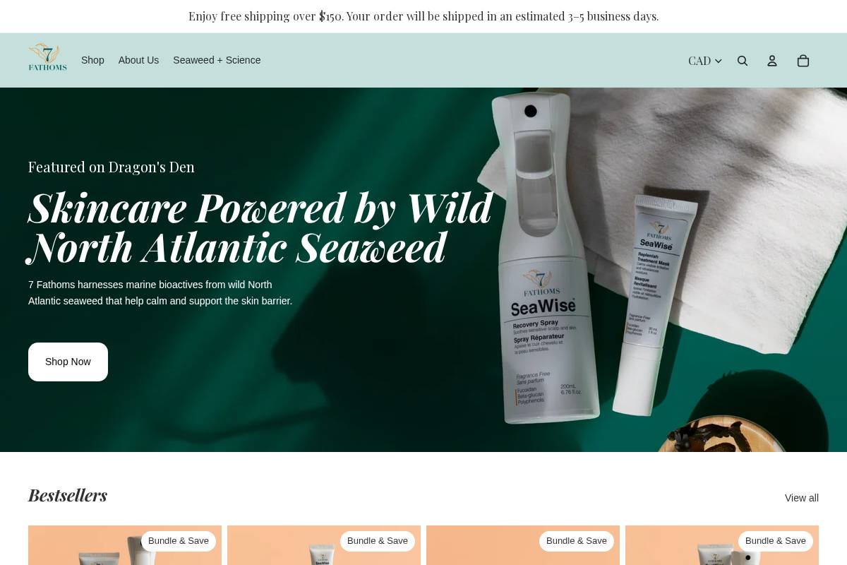 7fathomsseaweedskincare.ca homepage screenshot
