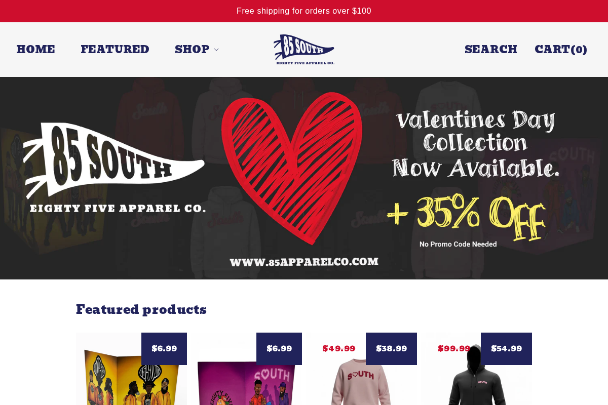 Eighty Five Apparel Company homepage screenshot