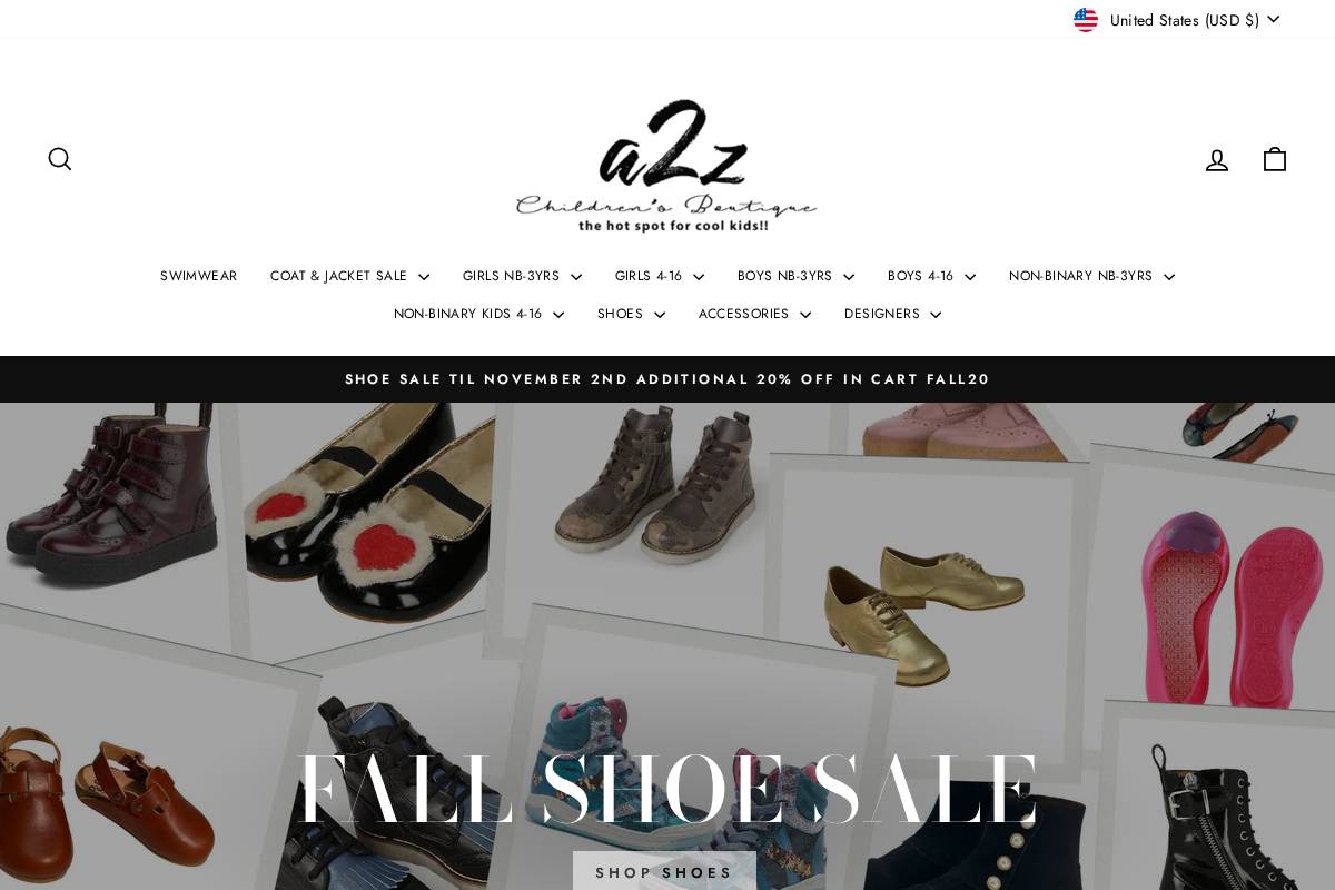 a2zchildrensboutique.com homepage screenshot