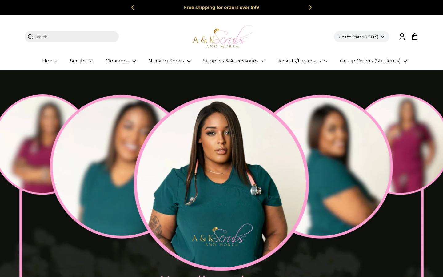 aandkscrubs.com homepage screenshot