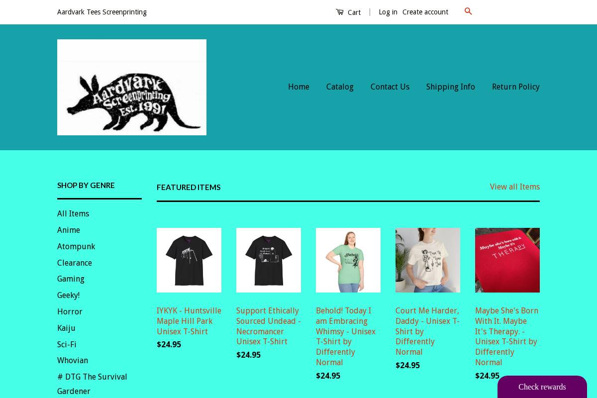 aardvarktees.com homepage screenshot