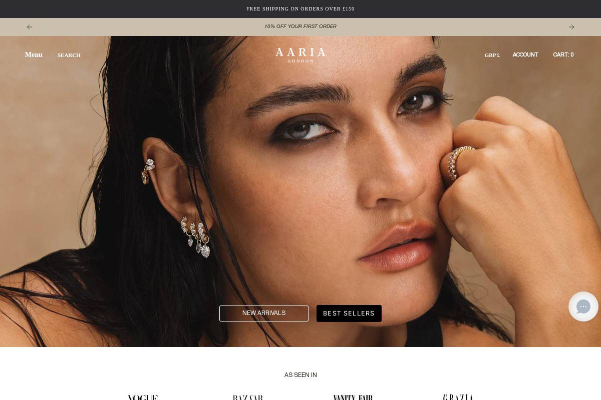 Aaria London homepage screenshot
