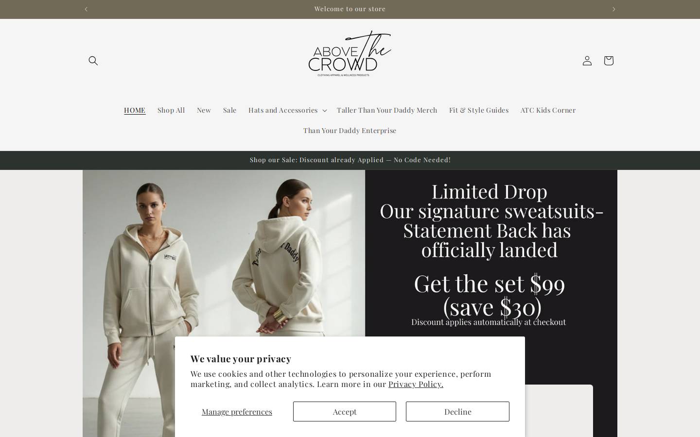 abovethecrowdclothing.com homepage screenshot