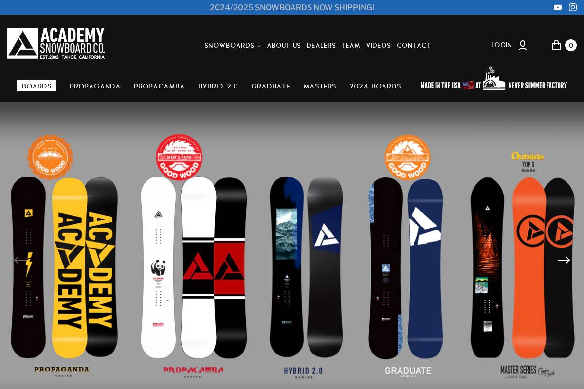 AcademySnowboards homepage screenshot