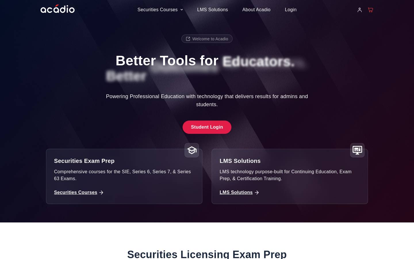 Acadio LMS homepage screenshot