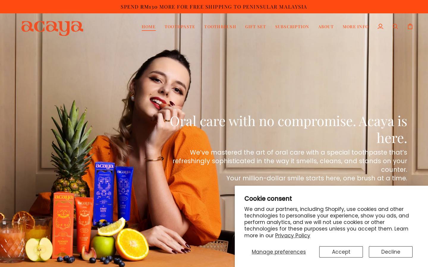 acayaofficial.com homepage screenshot