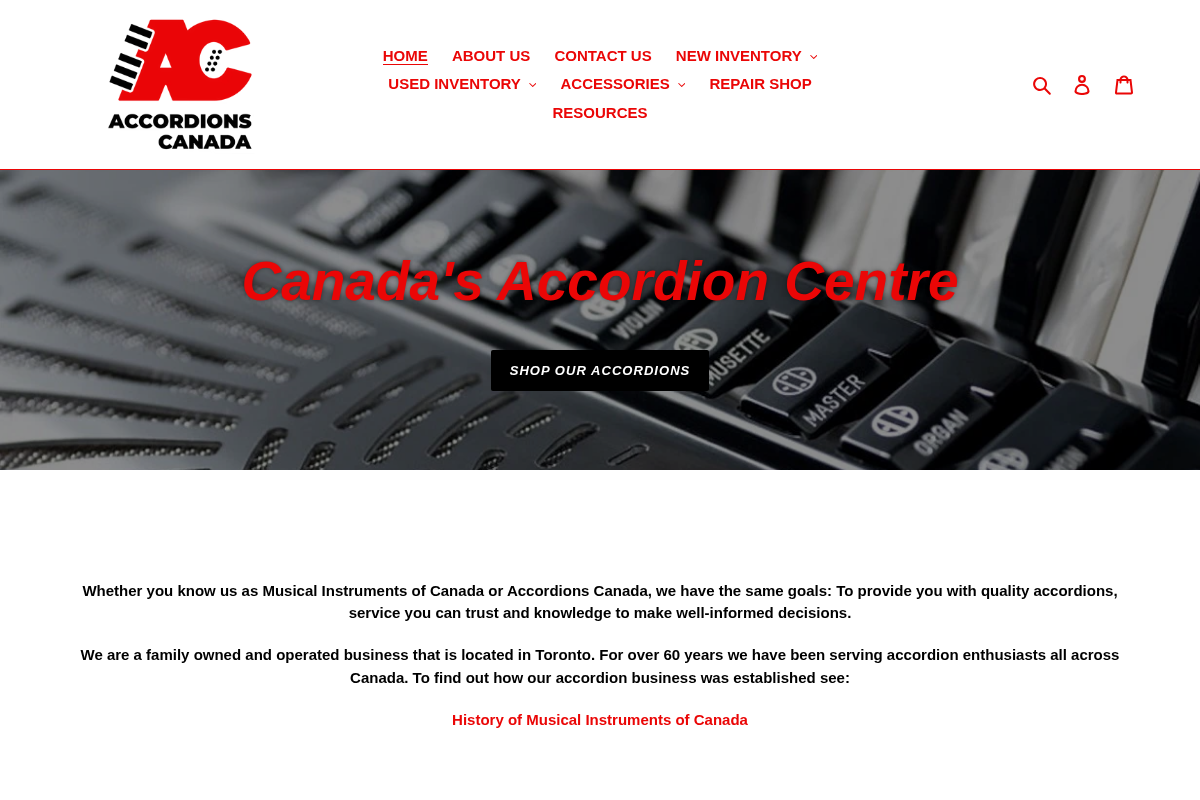 Accordions Canada homepage screenshot