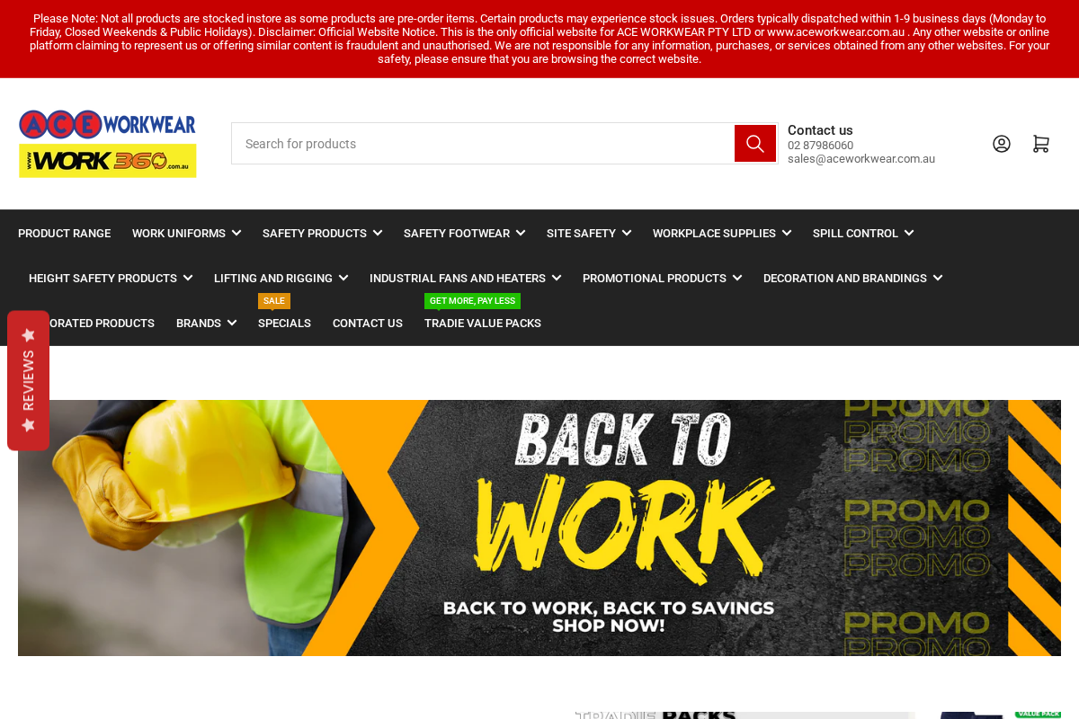 Ace Workwear homepage screenshot