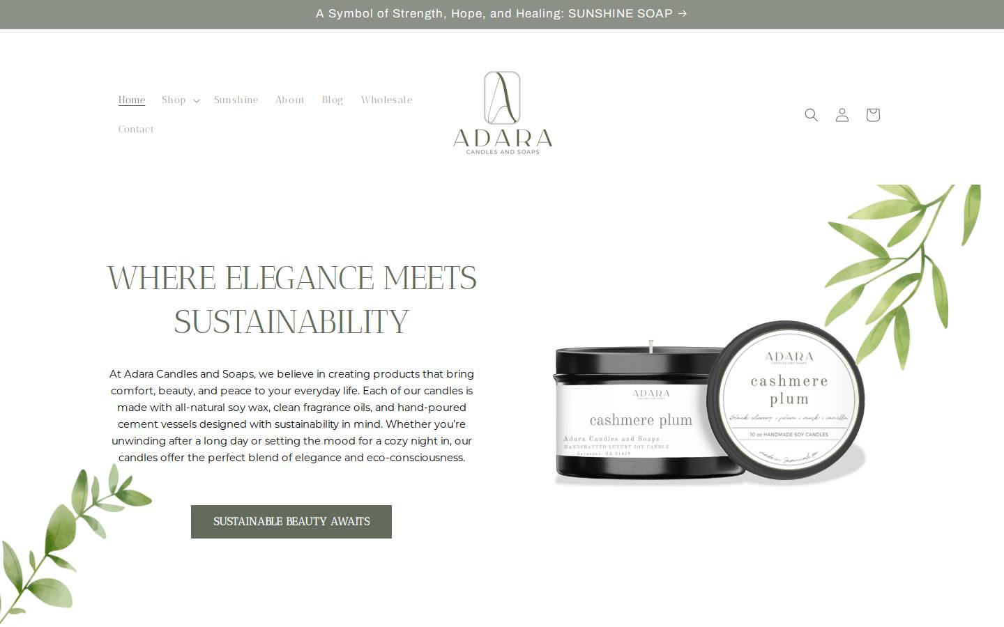 adaracandlesandsoaps.com homepage screenshot