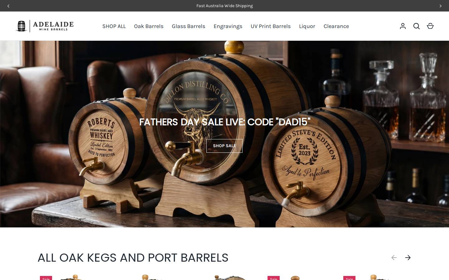 adelaidewinebarrels.com.au homepage screenshot