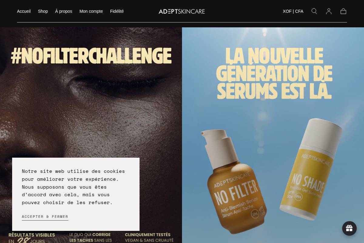 adeptskincare.com homepage screenshot