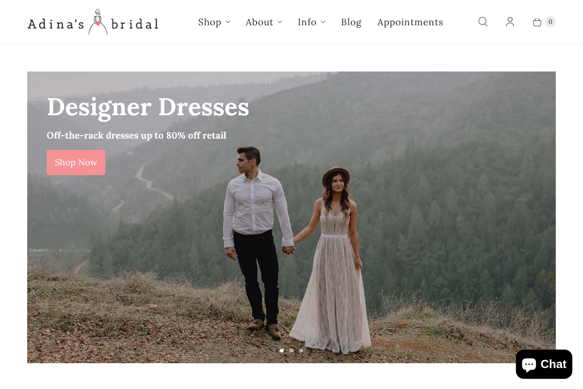 Adinas Bridal homepage screenshot