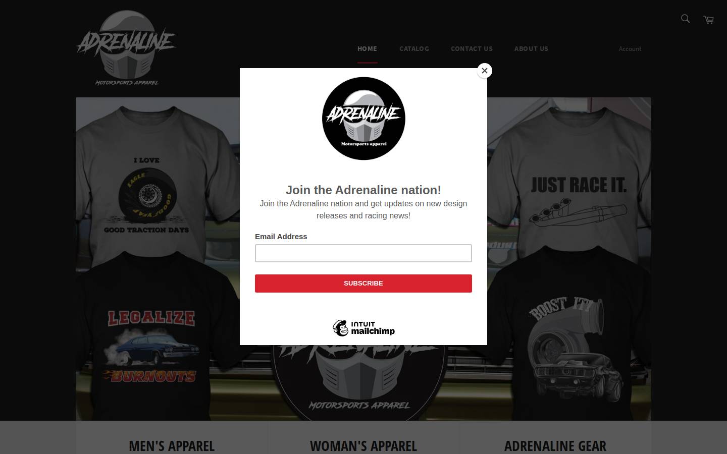 adrenalinemotorsportsapparel.com homepage screenshot