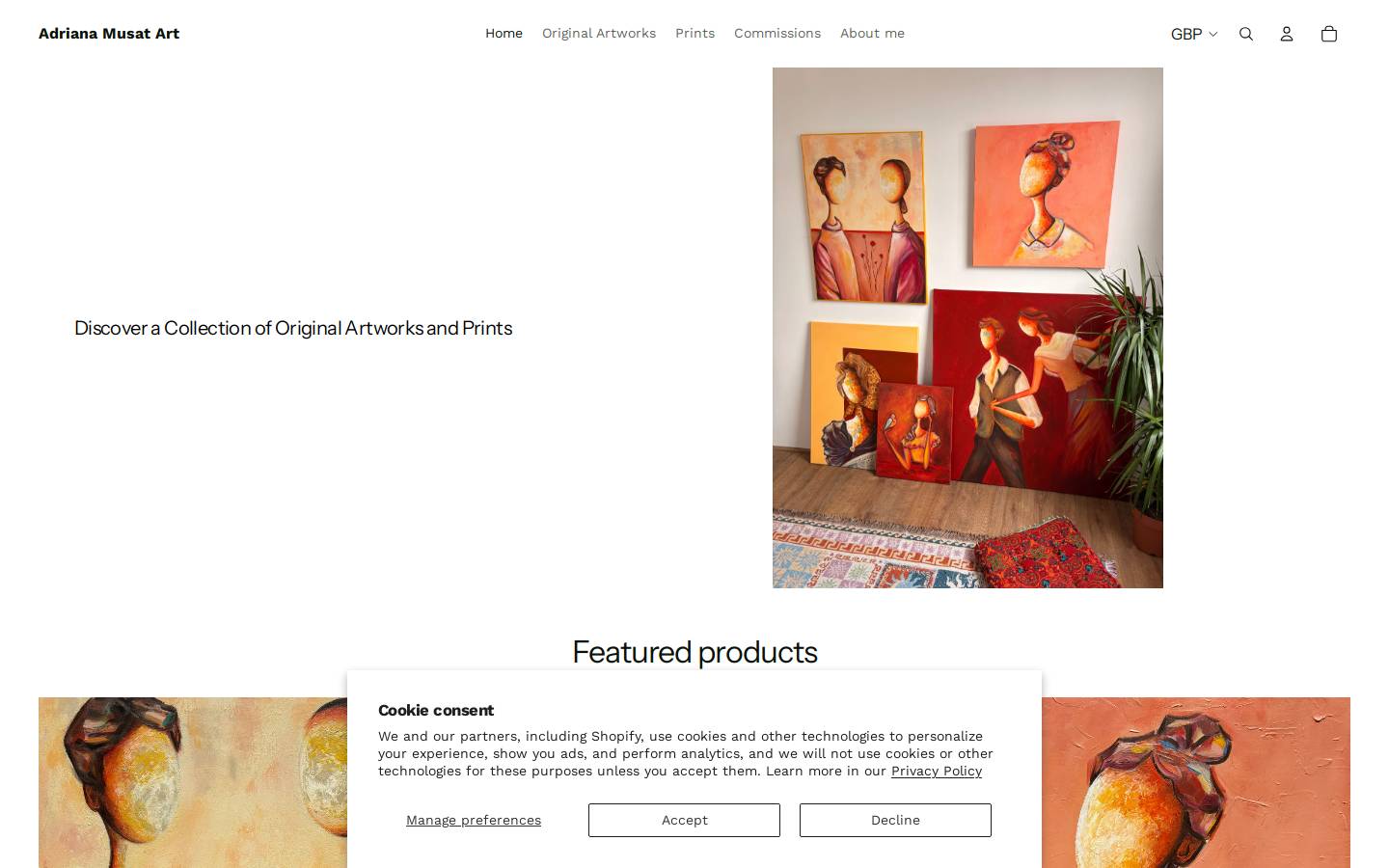 adrianamusatart.com homepage screenshot