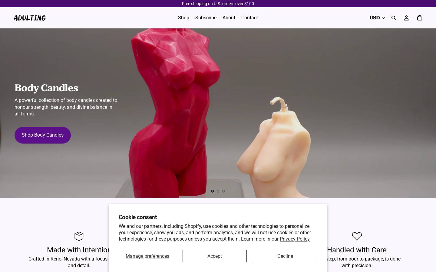 Adulting Candle Co homepage screenshot