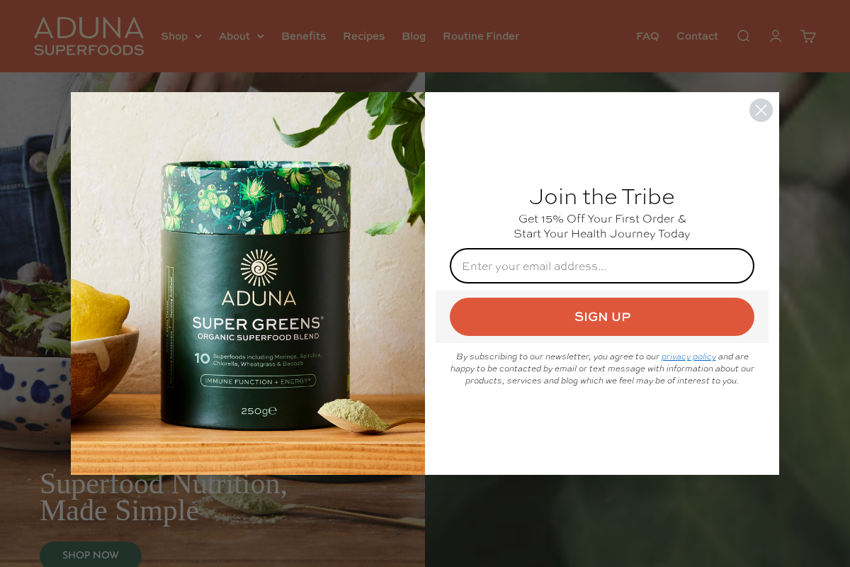 Aduna Superfoods homepage screenshot