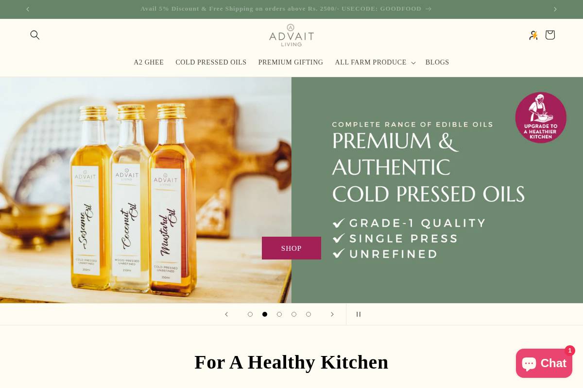 advaitliving.com homepage screenshot