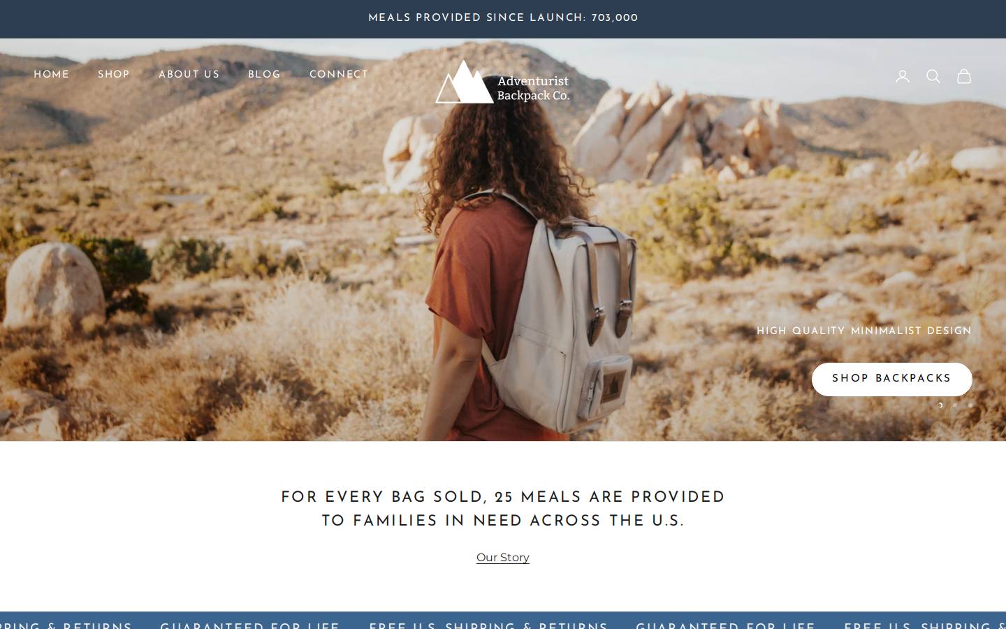 adventuristbackpacks.com homepage screenshot