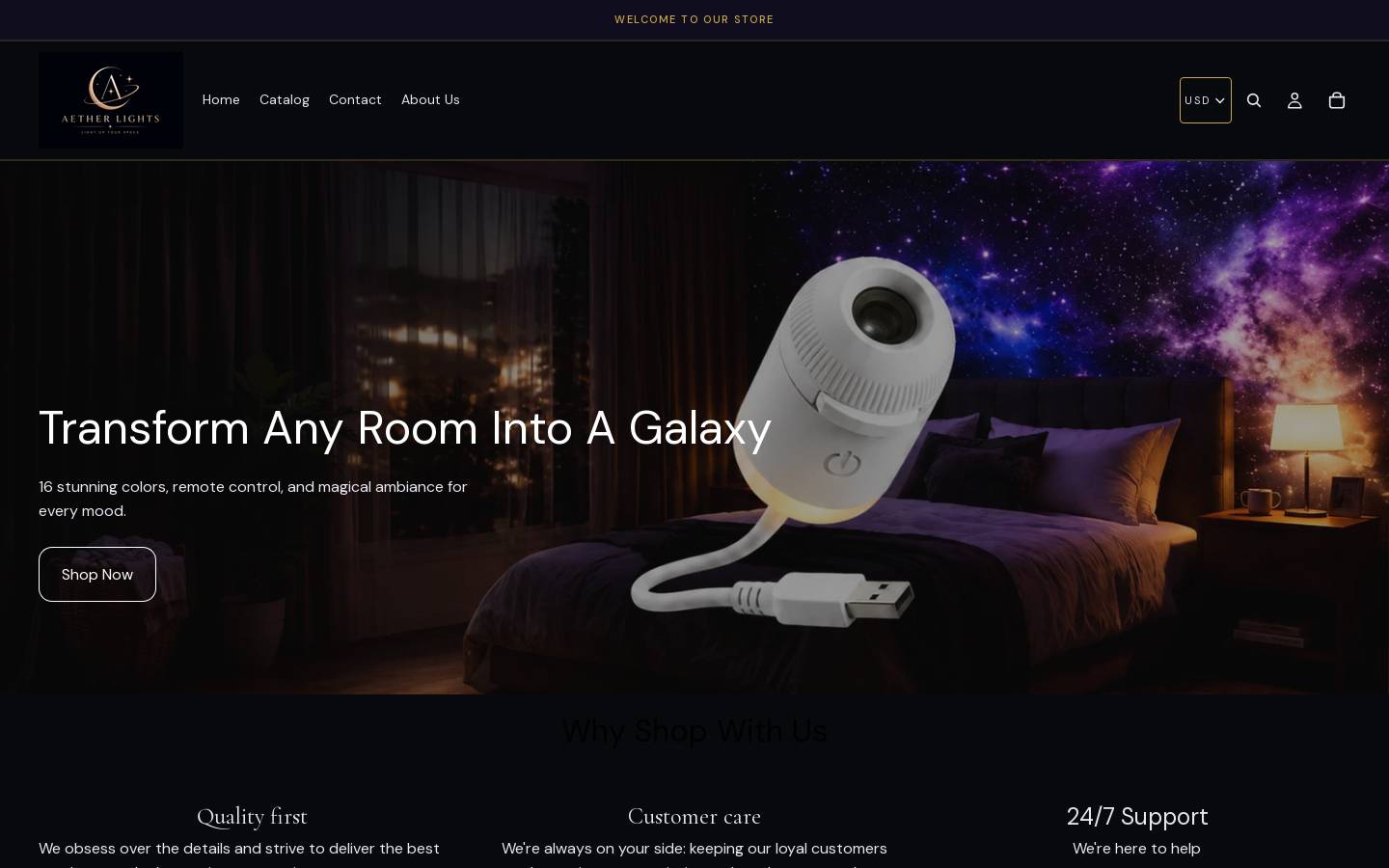 aetherlights.store homepage screenshot