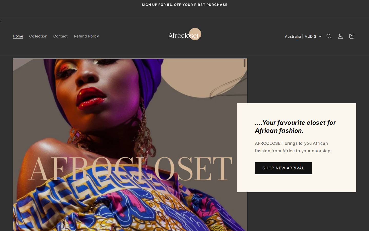 afrocloset.com.au homepage screenshot