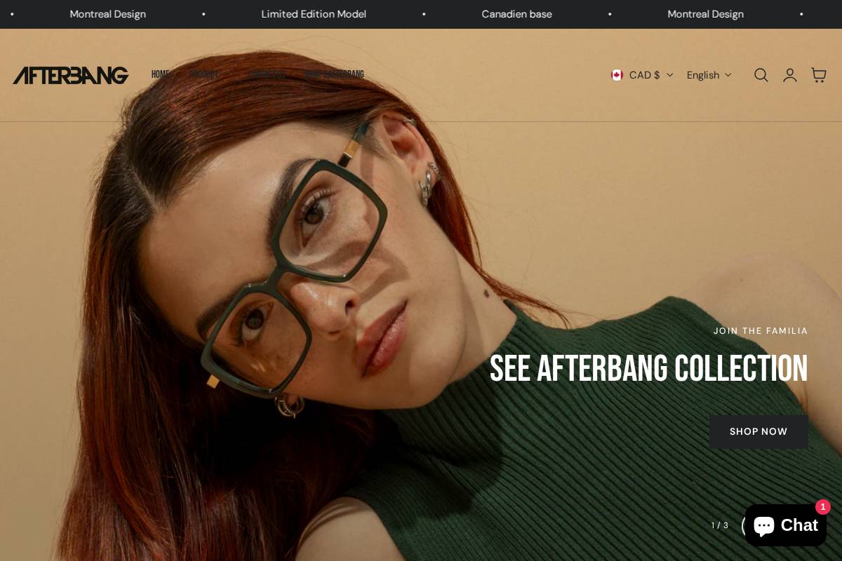 afterbangeyewear.com homepage screenshot