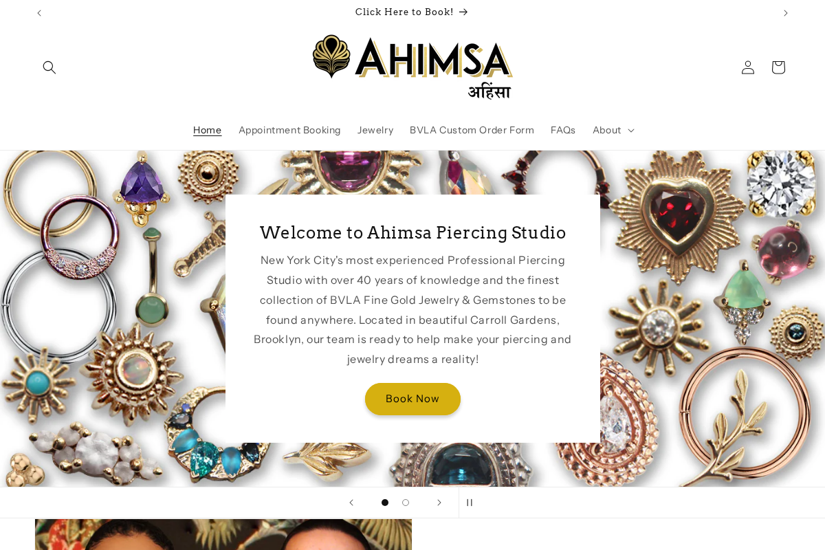 Ahimsa Piercing Studio & BVLA Fine Jewelry homepage screenshot