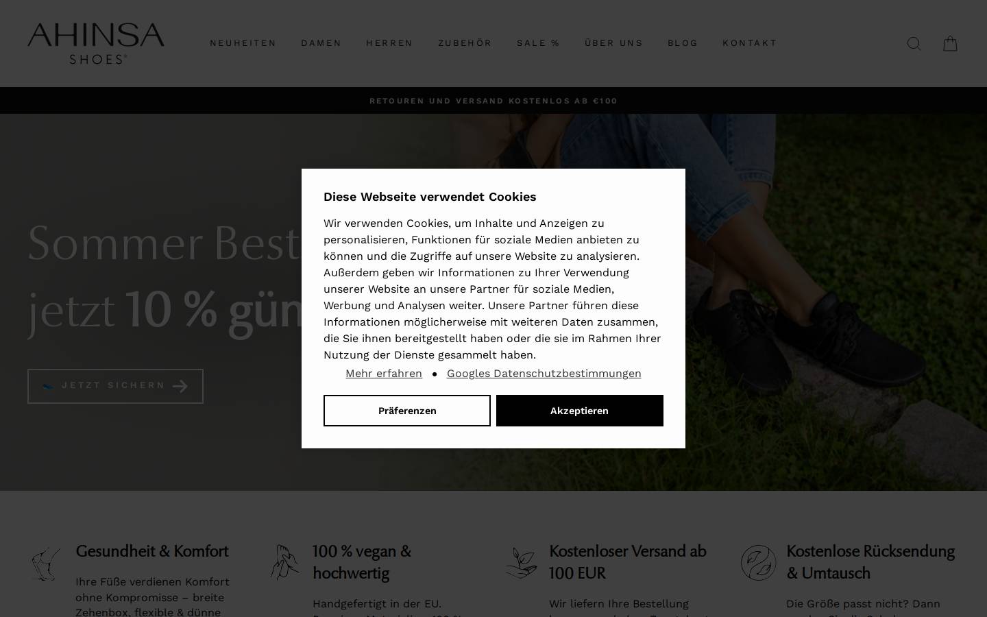 ahinsashoes.com homepage screenshot