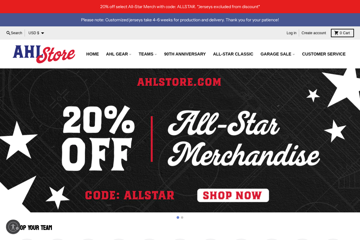 AHLStore.com homepage screenshot