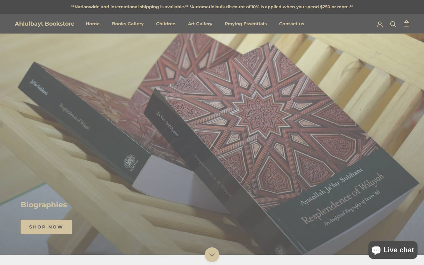 ahlulbaytbookstore.com homepage screenshot