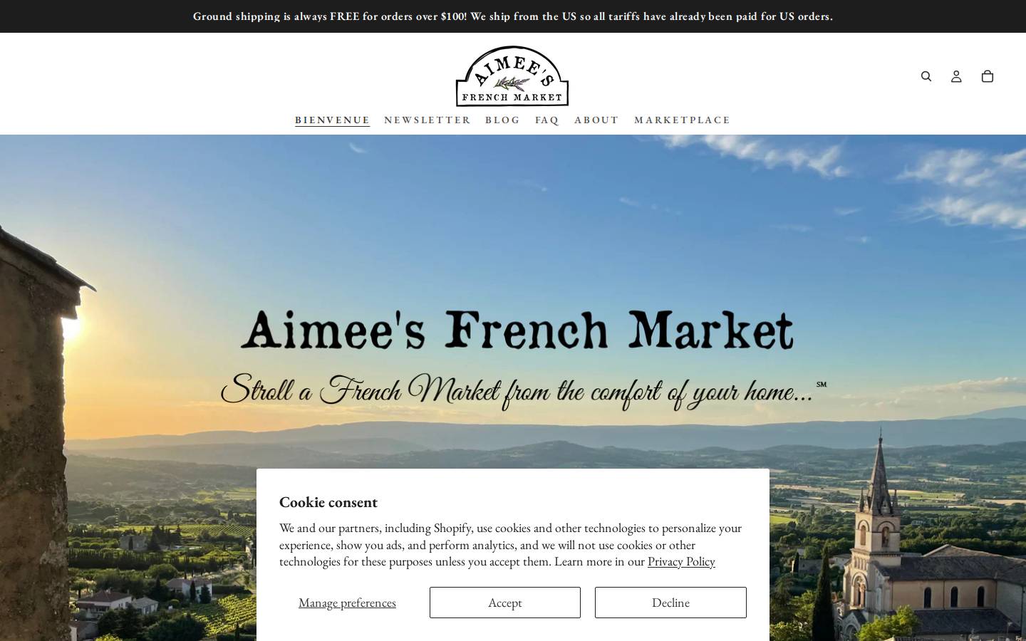 aimeesfrenchmarket.com homepage screenshot