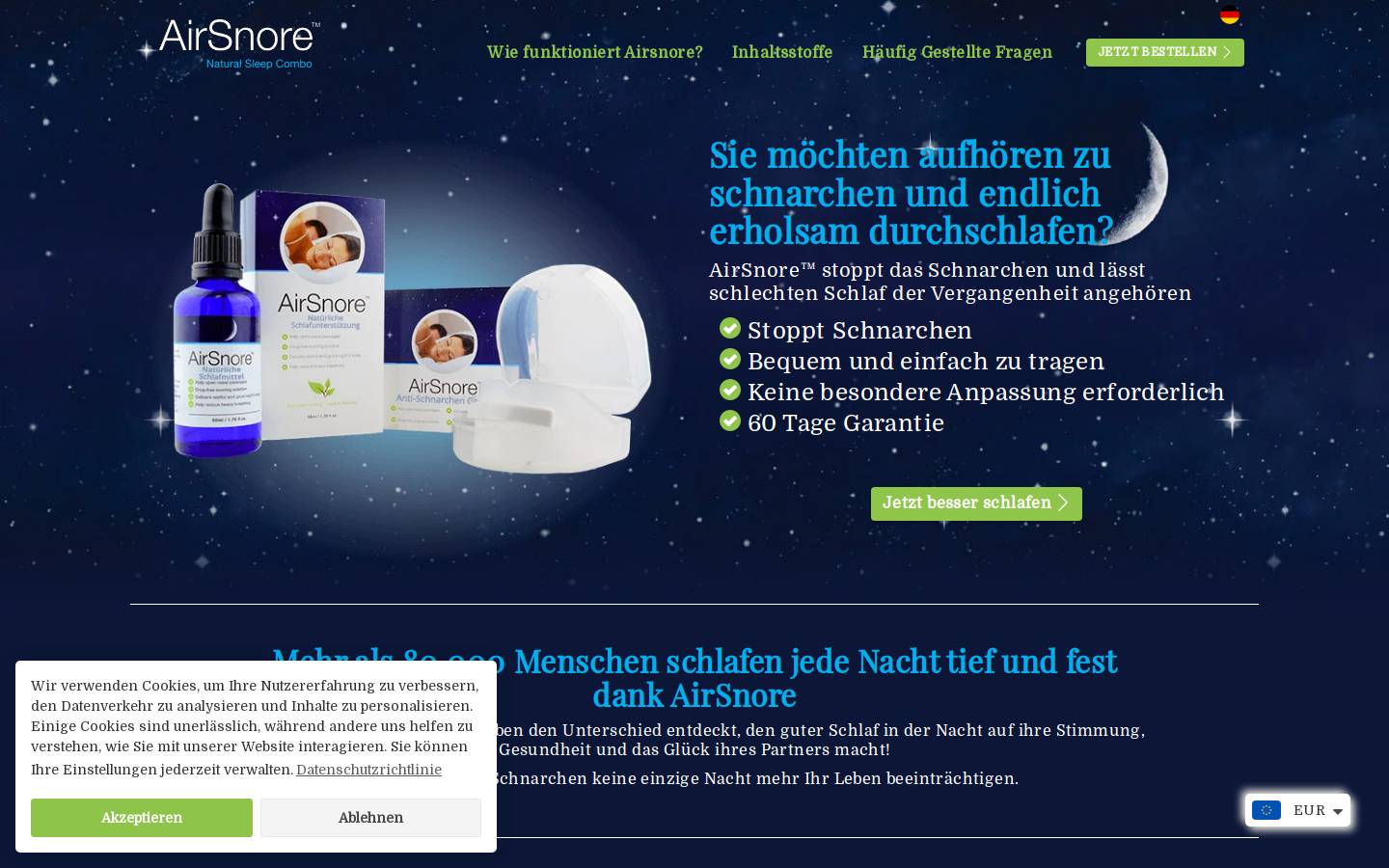 airsnore.com homepage screenshot