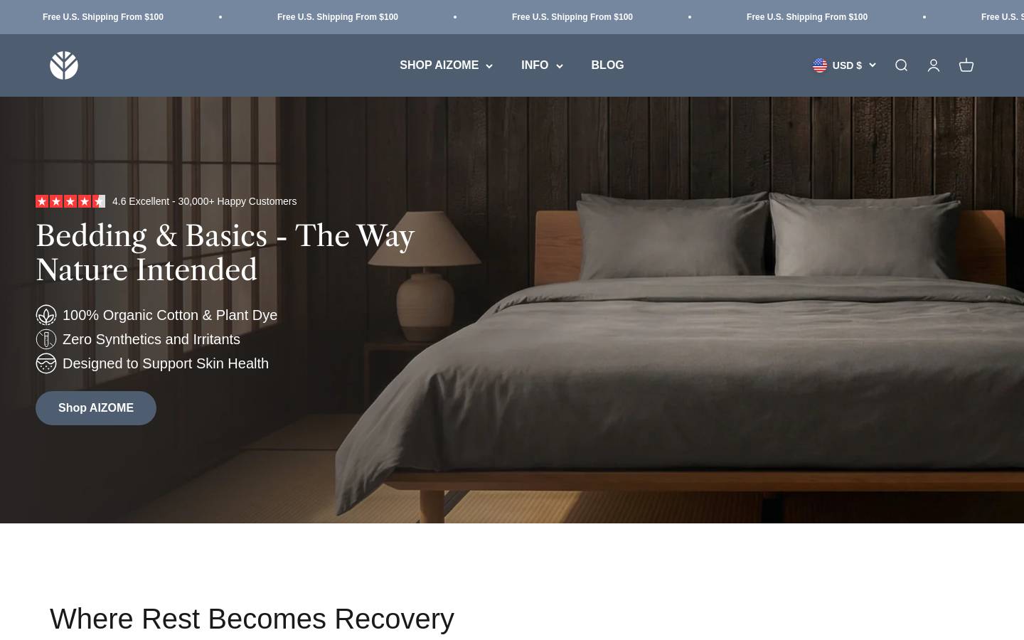 Aizome Bedding homepage screenshot