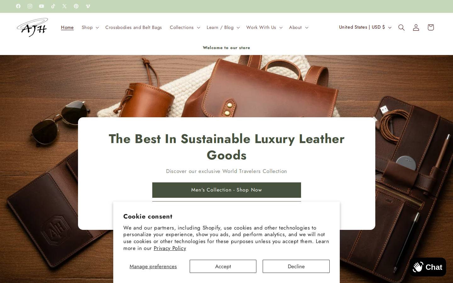 ajhleatherdesigns.com homepage screenshot