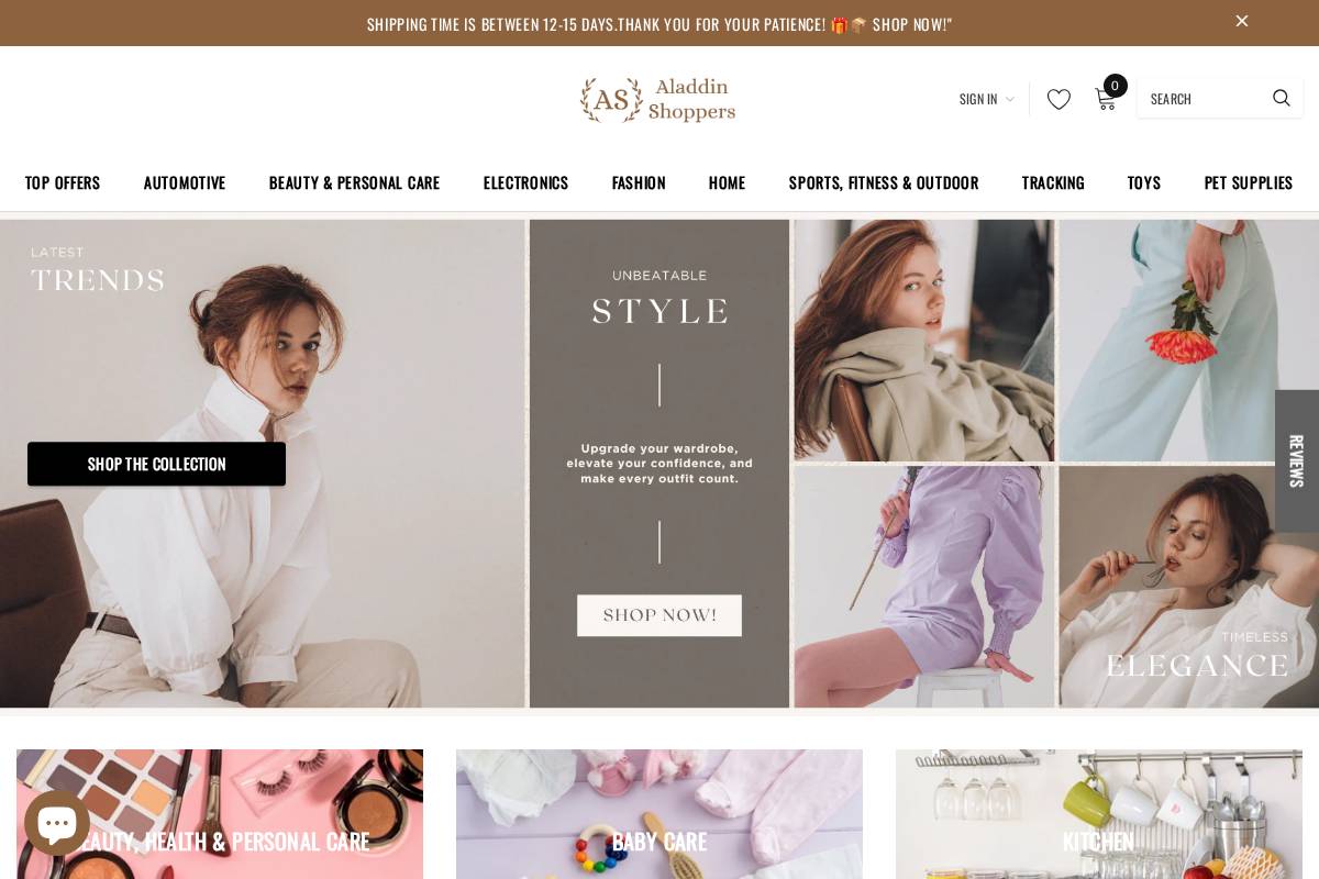 ALADDIN SHOPPERS homepage screenshot