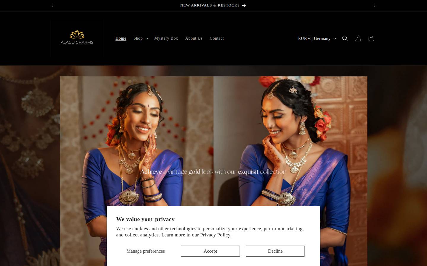 alagucharms.com homepage screenshot